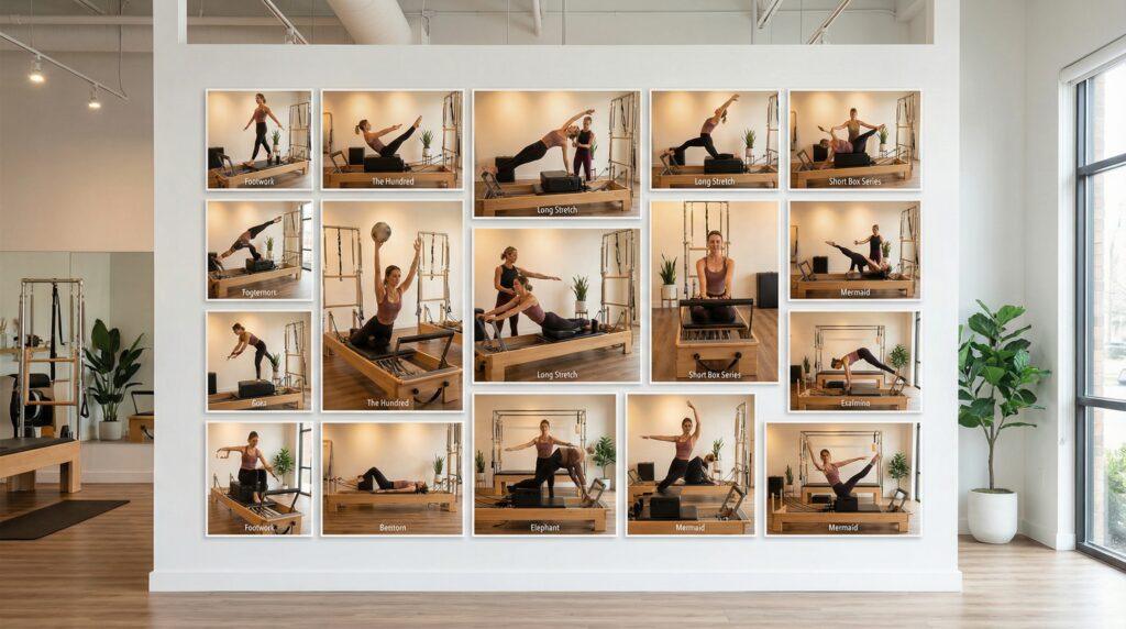 Collage de 15 ejercicios de pilates reformer más efectivos