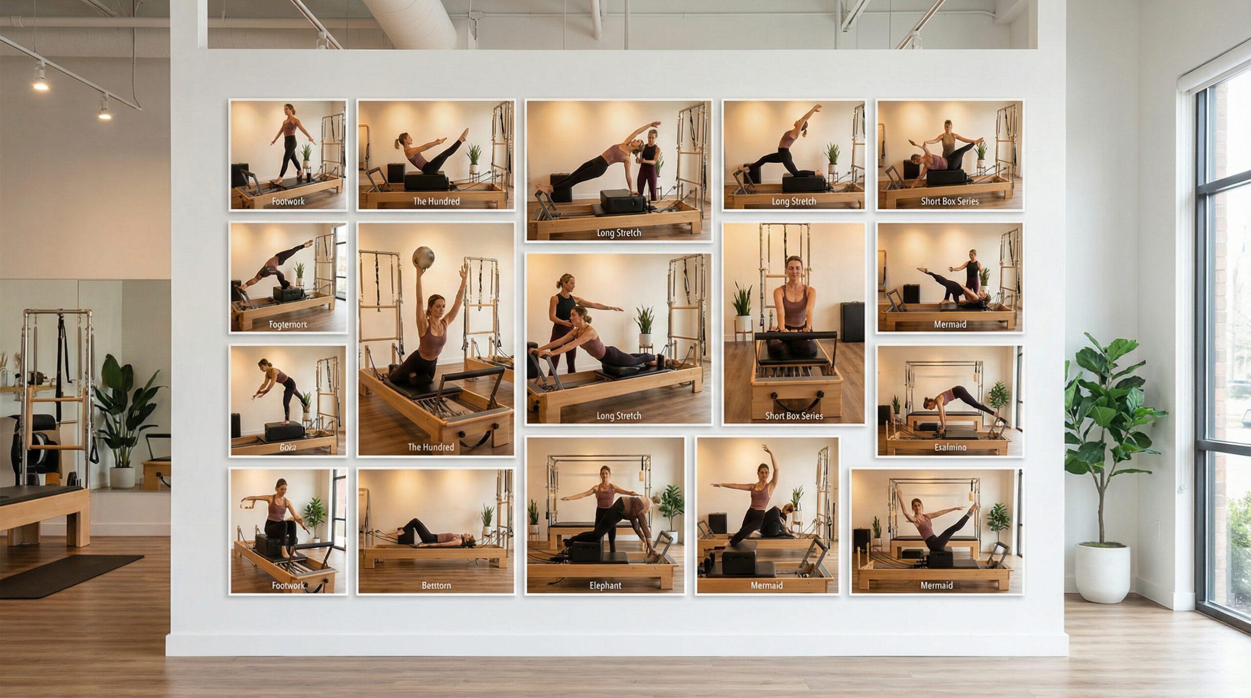 Collage de 15 ejercicios de pilates reformer más efectivos
