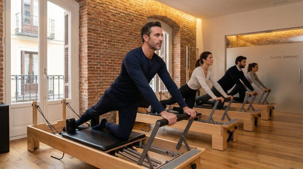 Ejecutivo haciendo pilates reformer en estudio boutique de Madrid