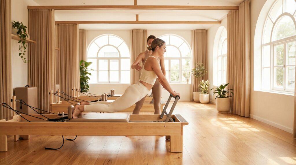 Instructora de pilates corrigiendo postura de alumna en reformer durante clase