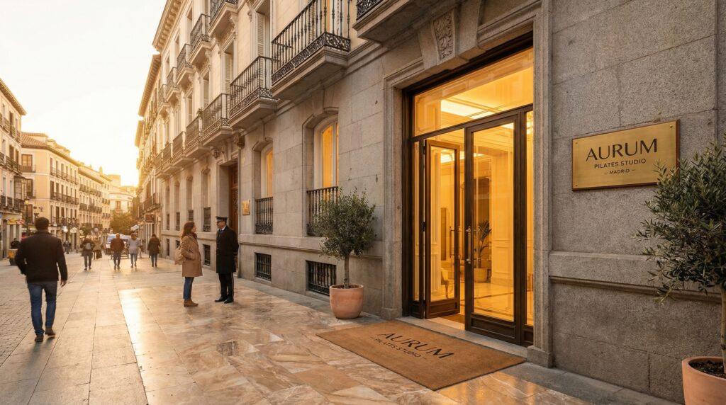 Entrada elegante de estudio boutique de pilates en el barrio de Salamanca Madrid
