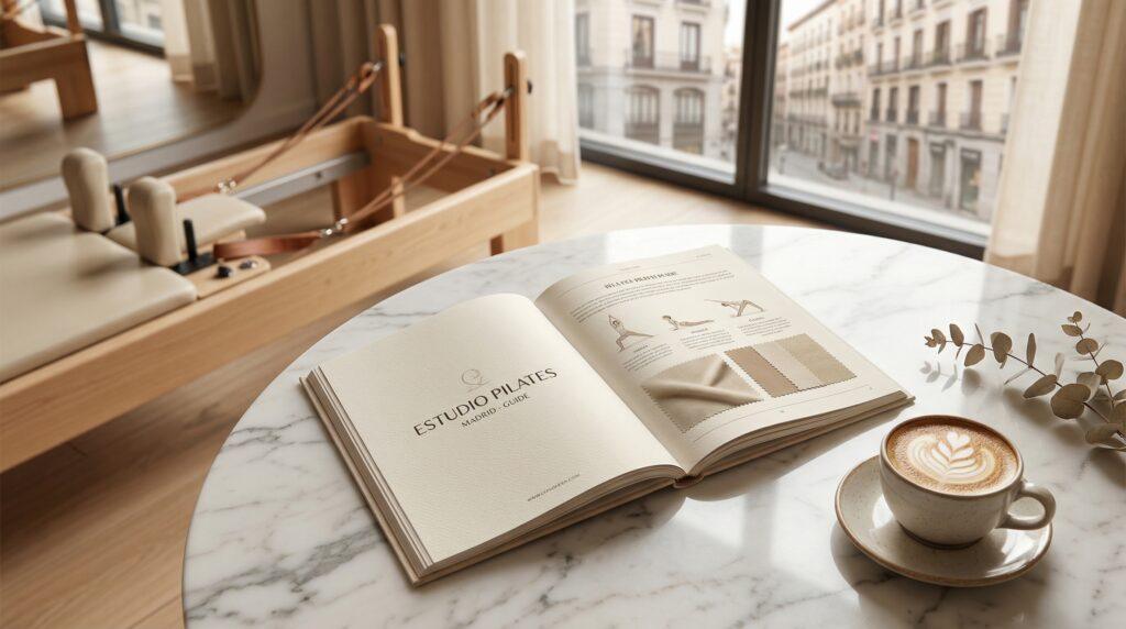 Guía de pilates reformer sobre mesa de mármol con café y estudio de fondo en Madrid