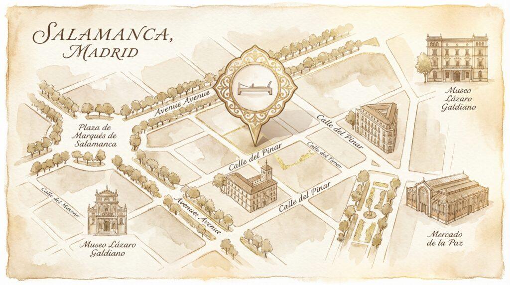 Mapa ilustrado del barrio de Salamanca Madrid con ubicación de estudio de pilates