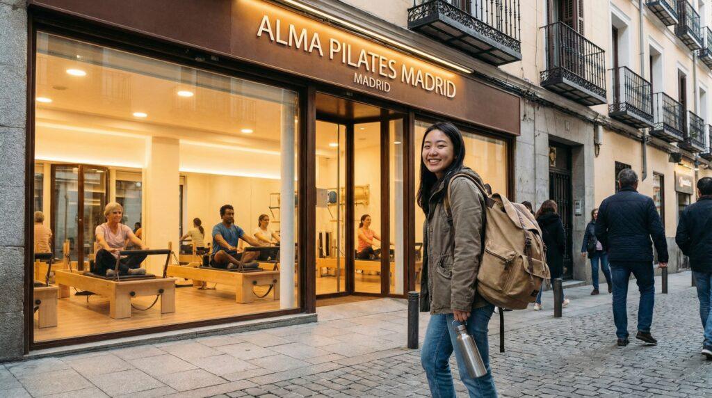International student arriving at Pilates reformer studio in Madrid