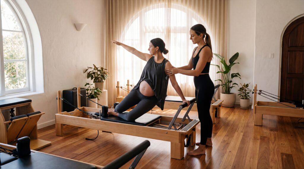 Mujer embarazada haciendo pilates reformer con instructora en estudio boutique