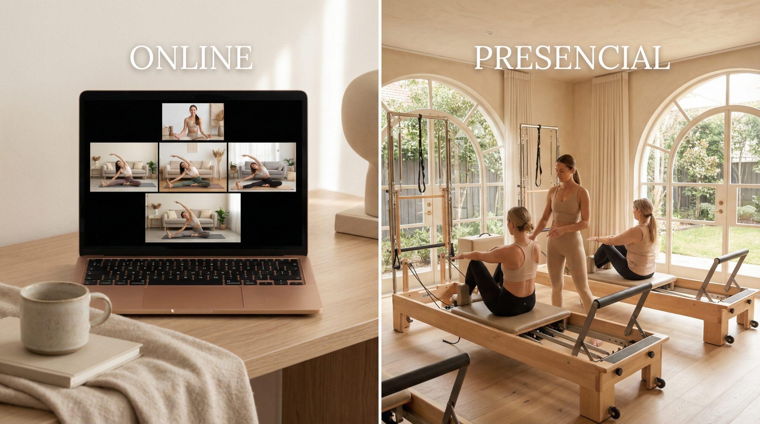 Comparativa pilates online en pantalla versus clase presencial con instructora