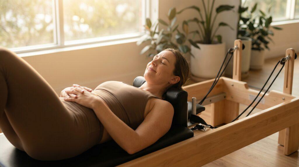 Mujer relajada en pilates reformer practicando mindfulness contra la ansiedad