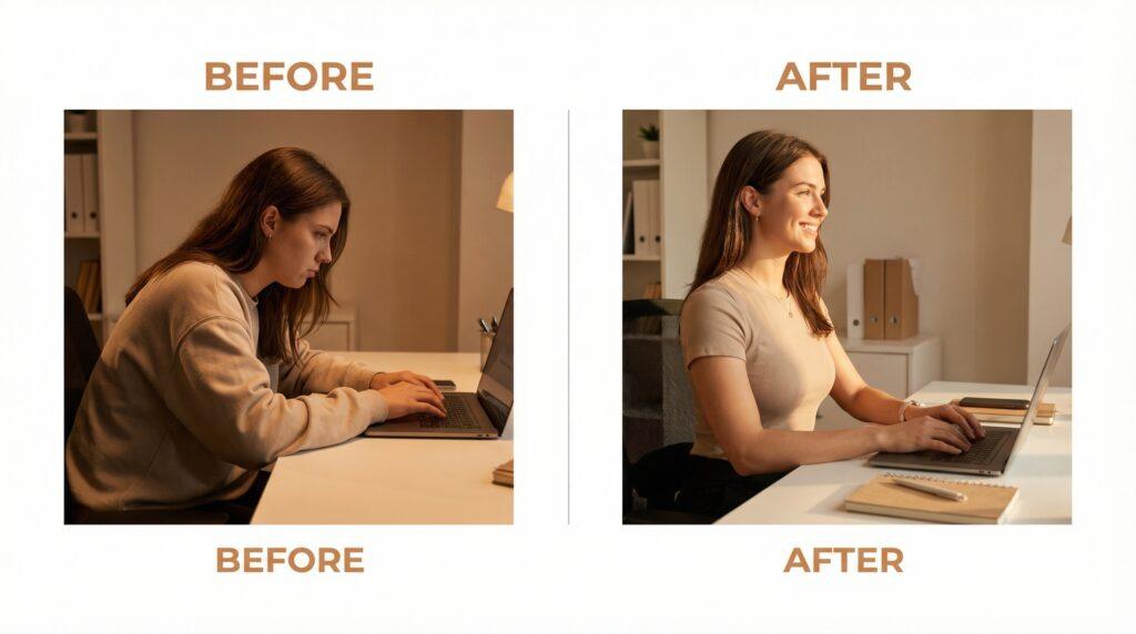Antes y después de mejora de postura gracias al pilates reformer