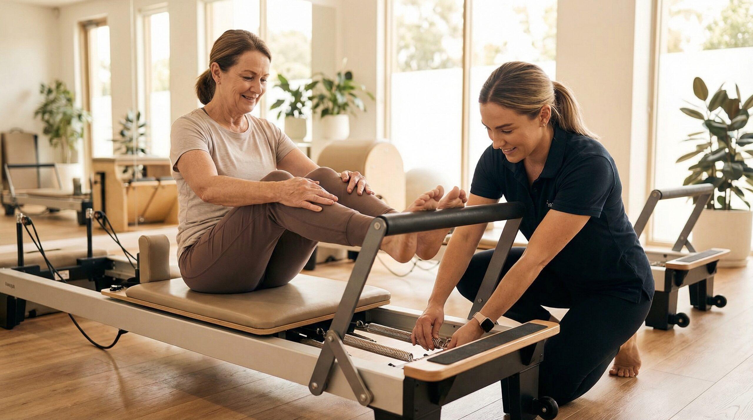 Mujer con artritis haciendo ejercicio suave en pilates reformer con instructora
