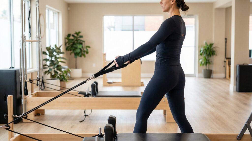 Mujer haciendo ejercicio de brazos con correas en pilates reformer