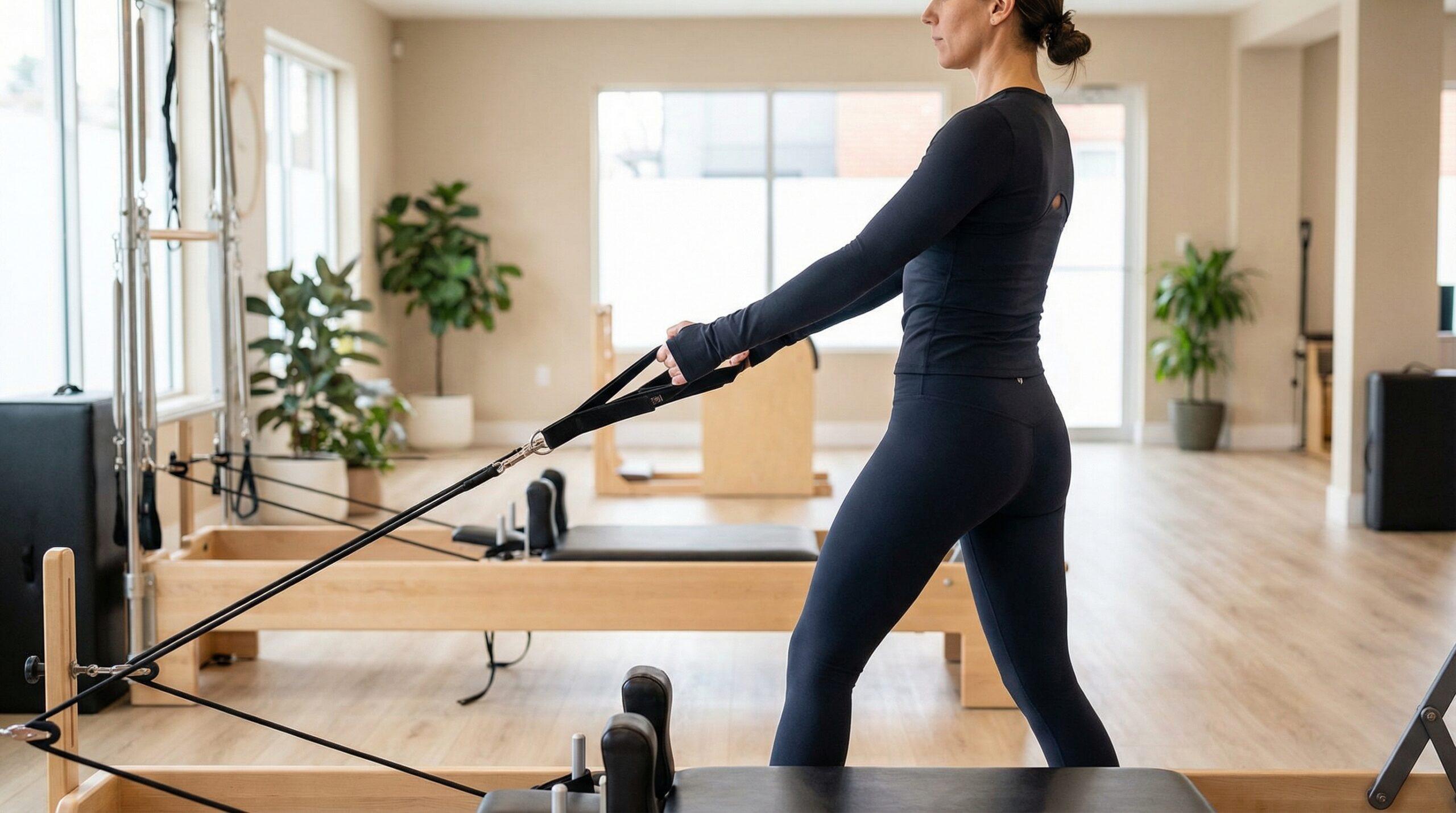 Mujer haciendo ejercicio de brazos con correas en pilates reformer