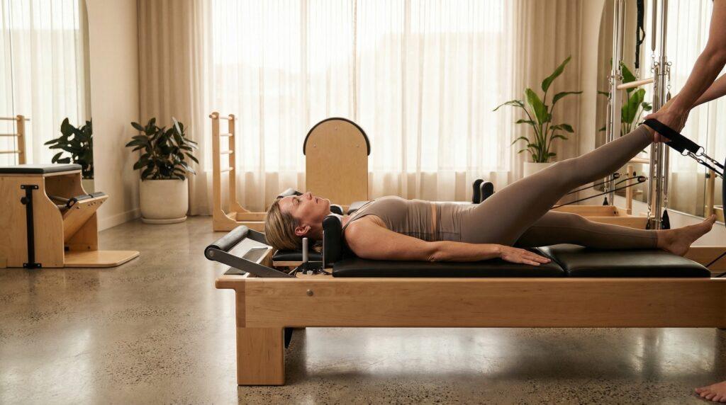 Mujer haciendo ejercicio seguro de pilates reformer para aliviar ciática