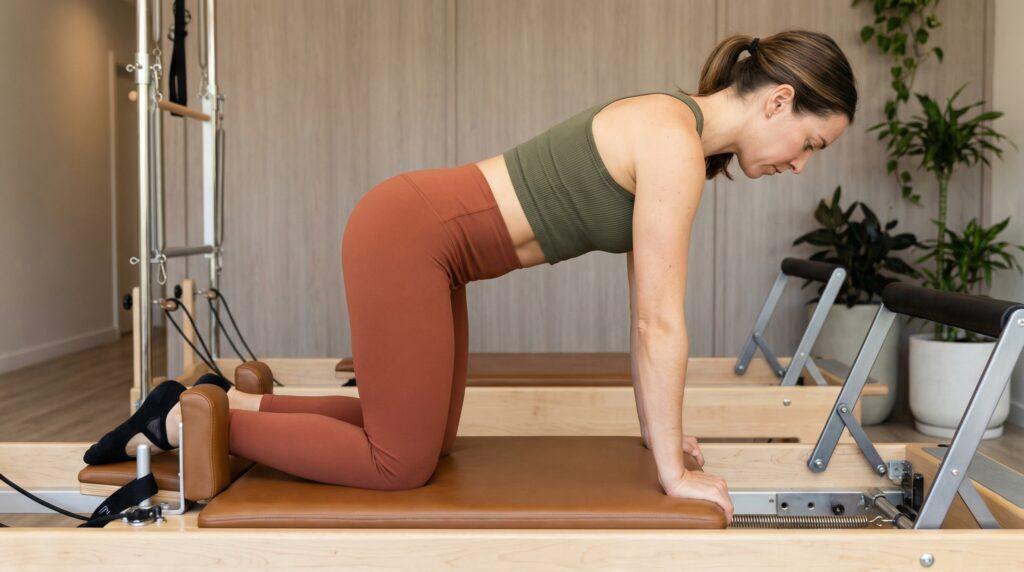 Ejercicio de core y abdominales en máquina pilates reformer