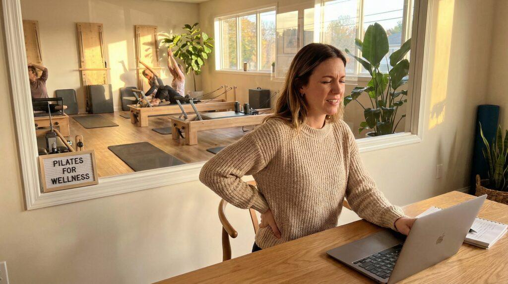 Mujer con dolor de espalda en escritorio con estudio de pilates visible al fondo