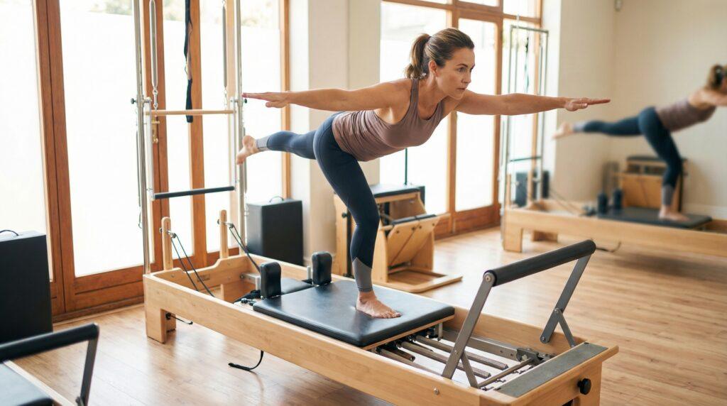 Mujer haciendo ejercicio de equilibrio en pilates reformer
