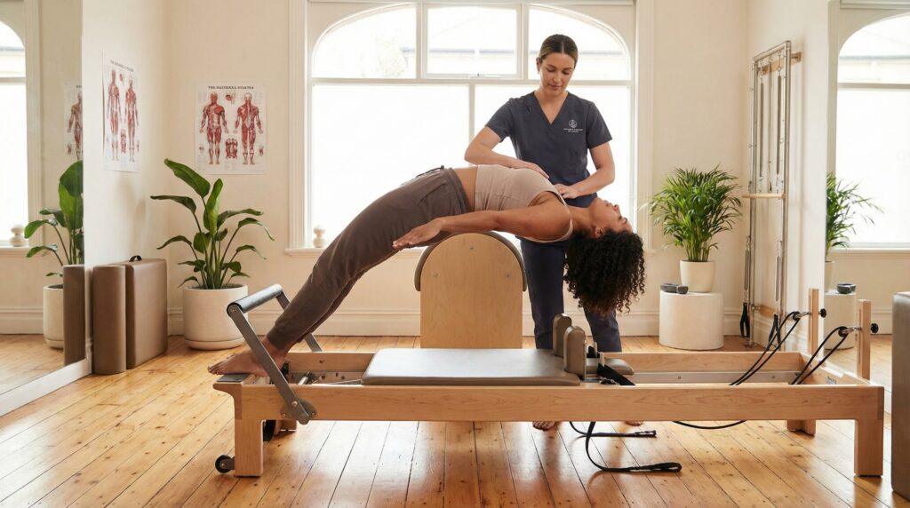 Instructora guiando ejercicio de corrección de columna en reformer de pilates