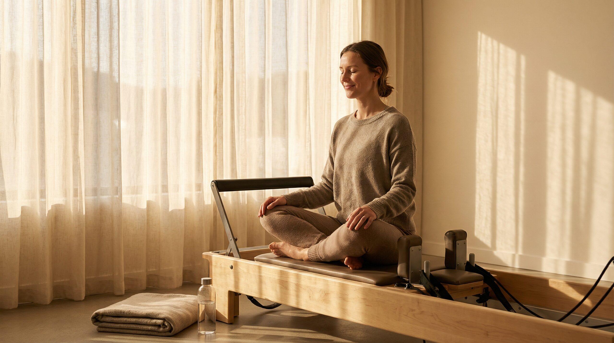 Mujer meditando en calma sobre reformer de pilates para alivio de fibromialgia
