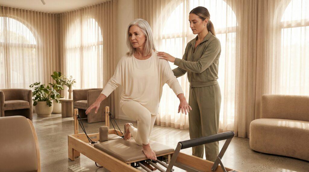 Mujer de 50 años haciendo pilates reformer con instructora guiando el ejercicio