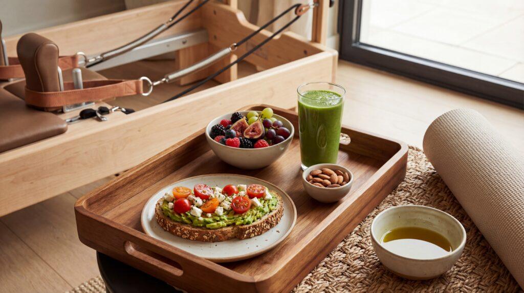 Alimentación saludable mediterránea junto a máquina reformer de pilates