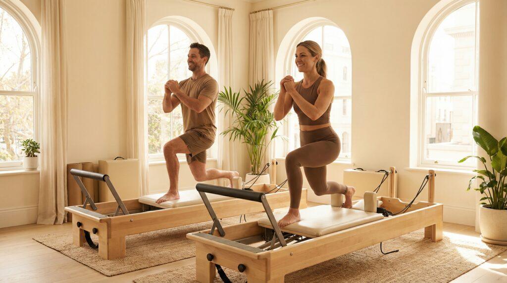 Pareja haciendo pilates reformer juntos en estudio boutique de Madrid