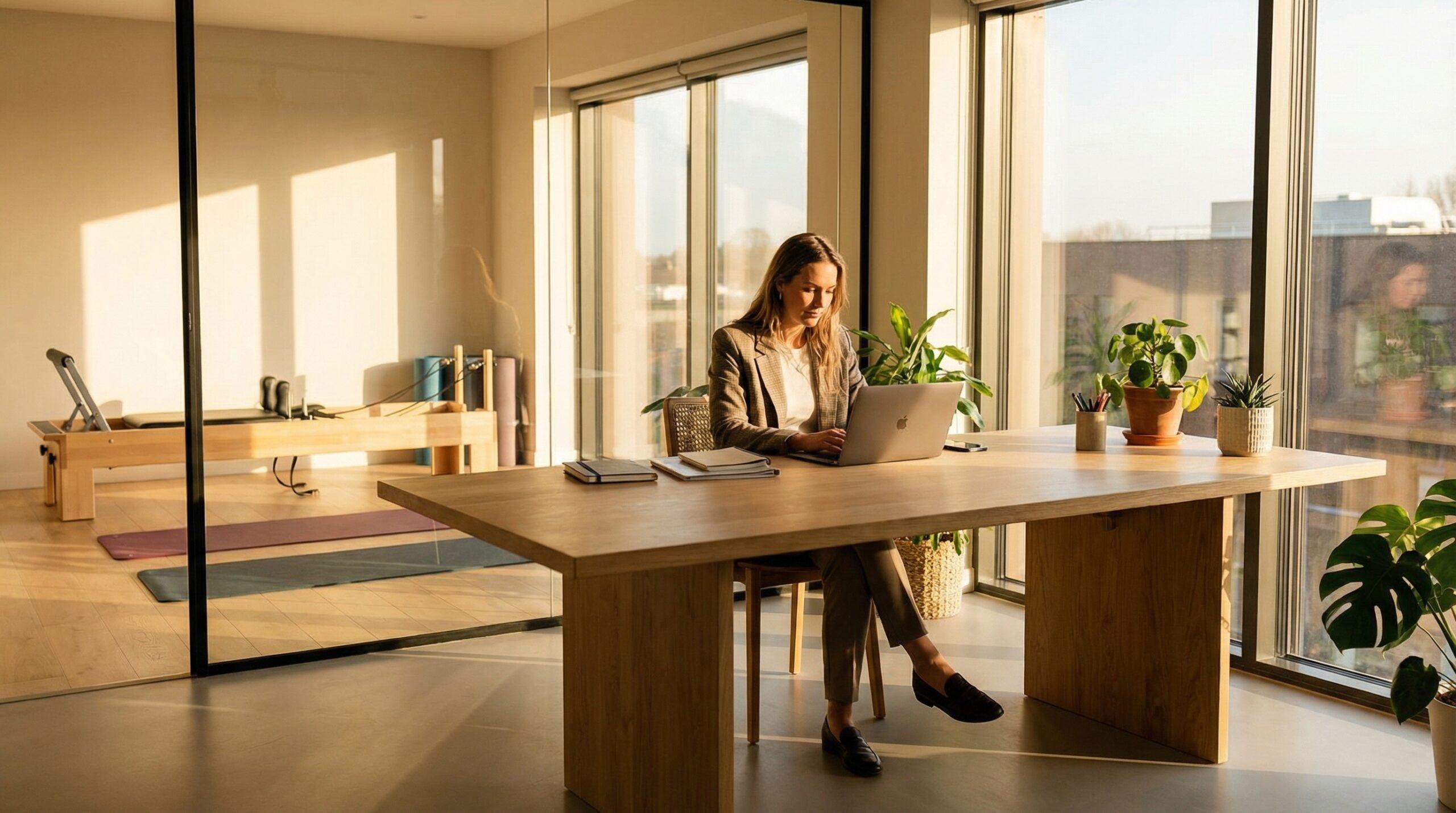 Mujer profesional trabajando en oficina con estudio de pilates reformer visible