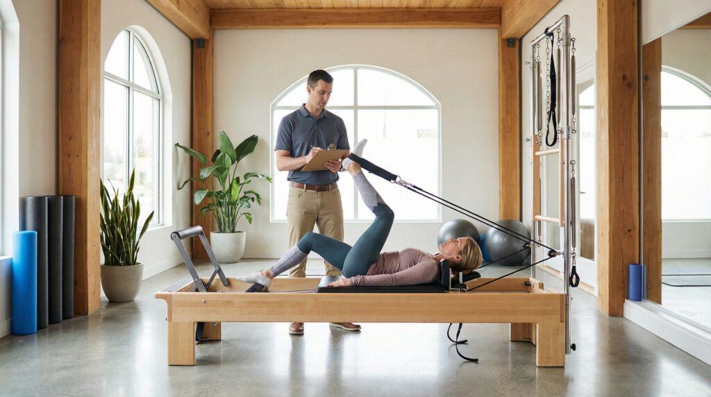 Rehabilitación de lesiones con pilates reformer y fisioterapeuta