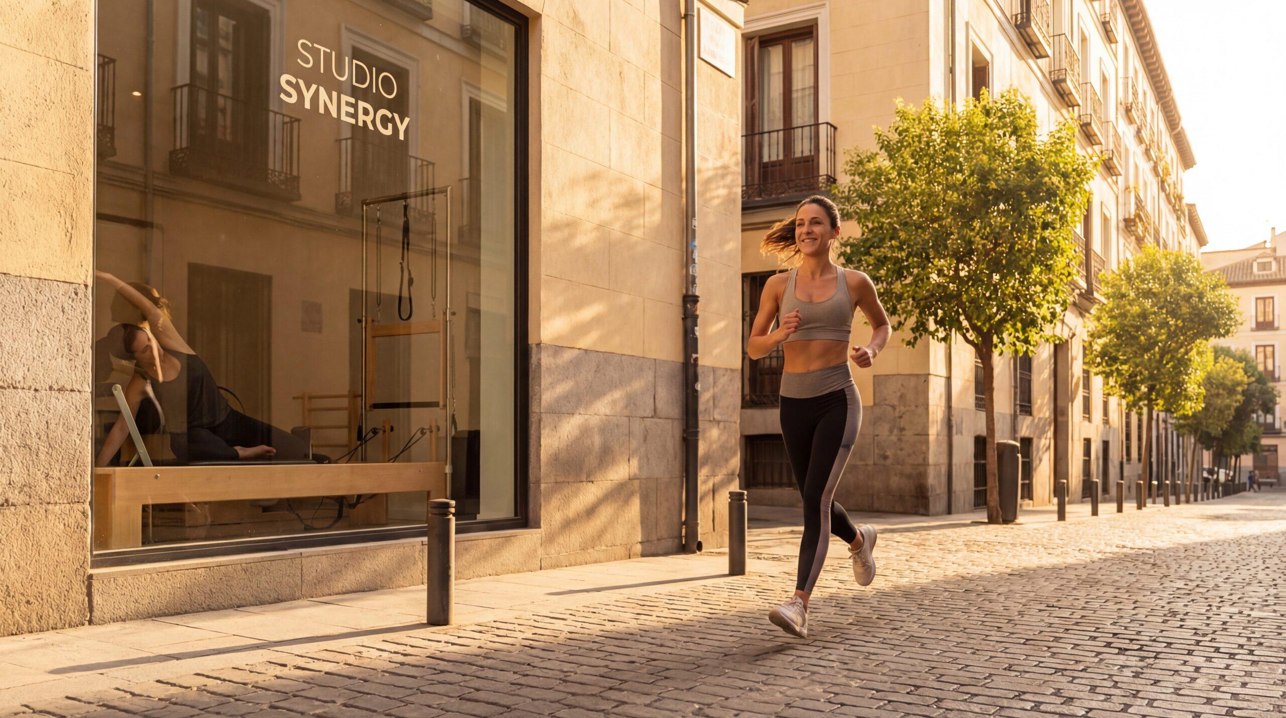 Runner corriendo por Madrid con estudio de pilates reformer de fondo