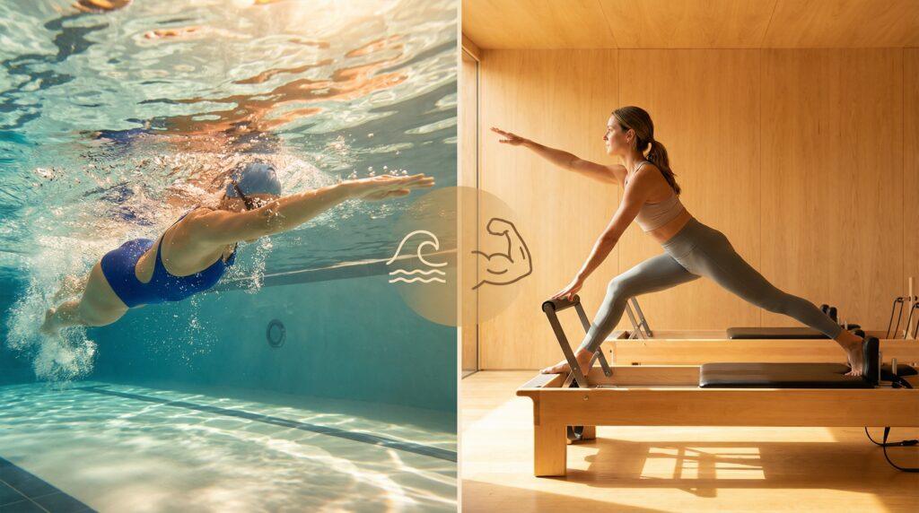 Comparativa visual entre natación y pilates reformer como ejercicios complementarios