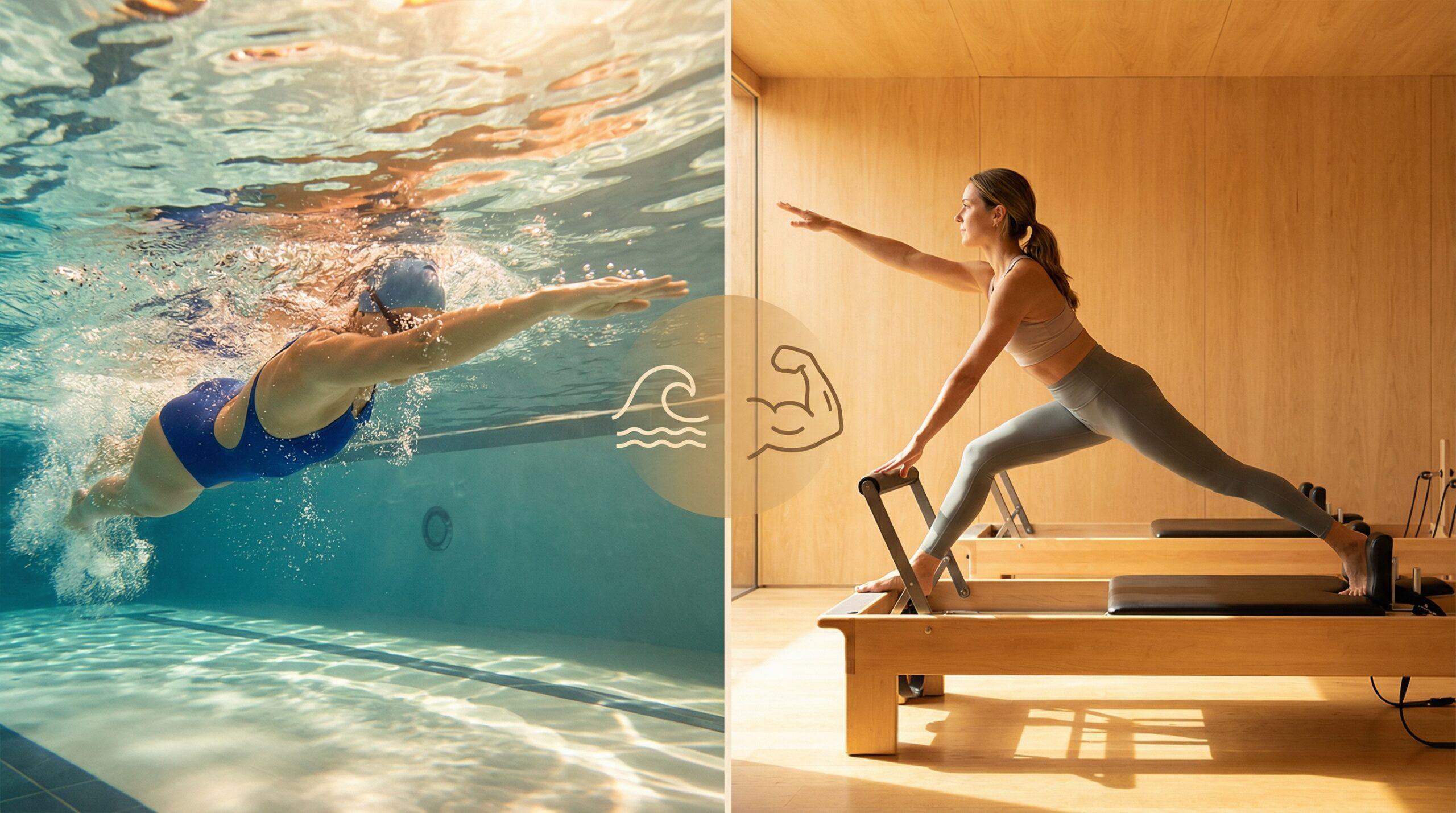 Comparativa visual entre natación y pilates reformer como ejercicios complementarios