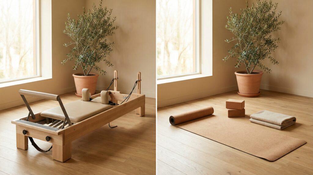 Comparativa visual entre máquina reformer de pilates y esterilla de suelo
