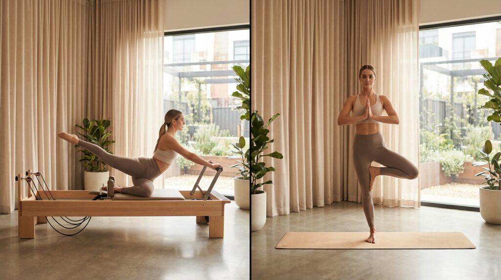 Comparativa visual entre pilates reformer y yoga