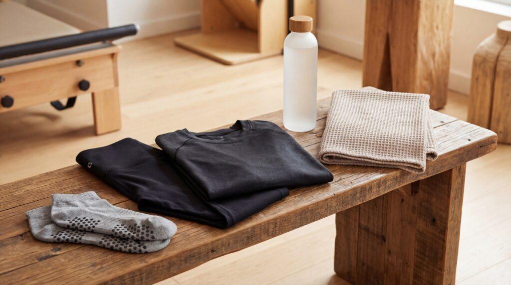 Ropa y accesorios para pilates reformer: leggings, camiseta, calcetines grip y toalla