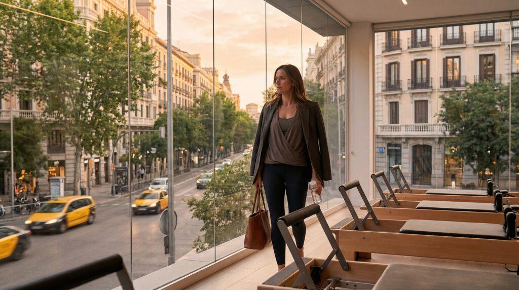 Mujer profesional llegando a estudio de pilates reformer después del trabajo en Madrid
