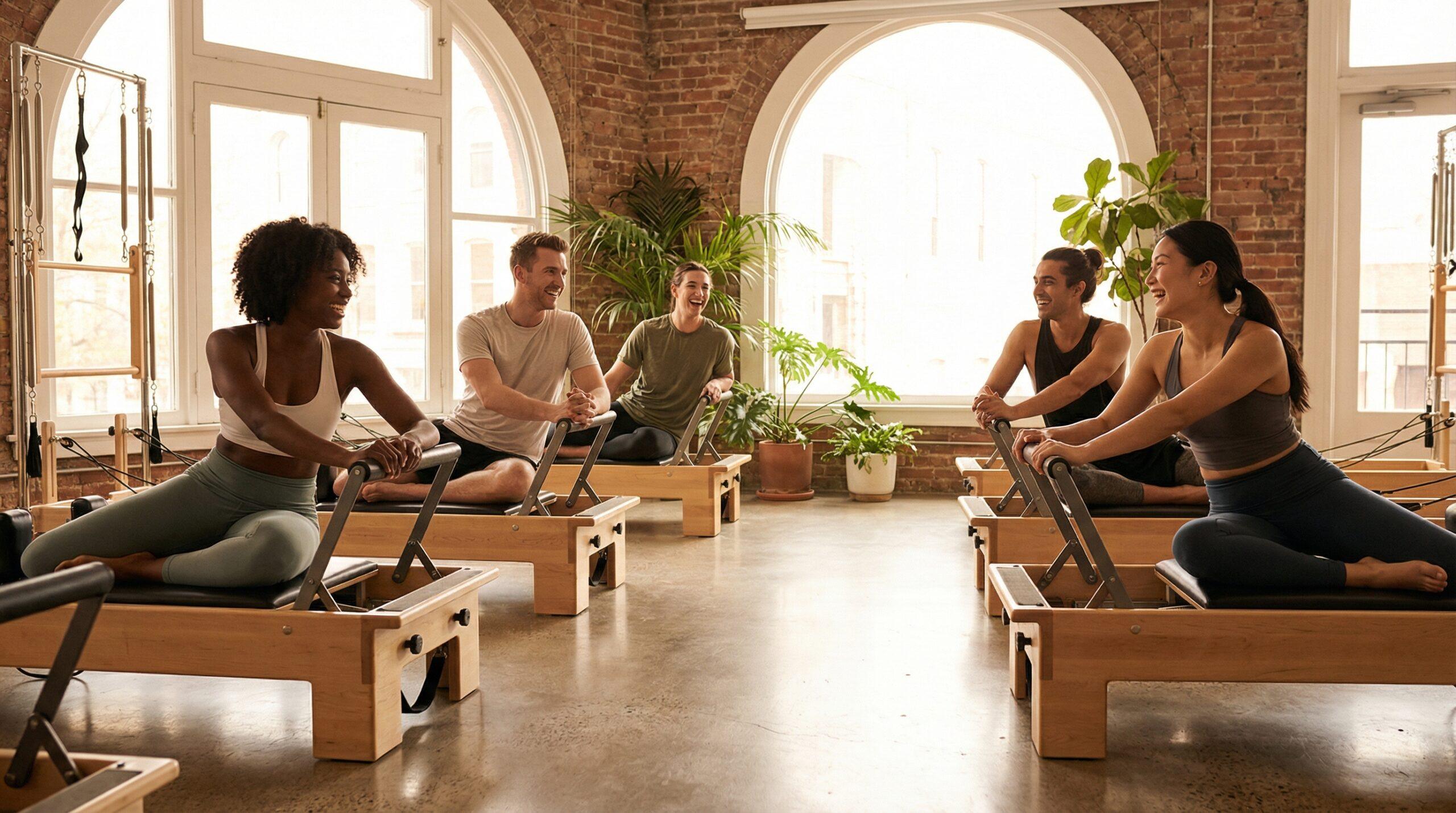 Diverse group of international students doing pilates reformer together in Madrid