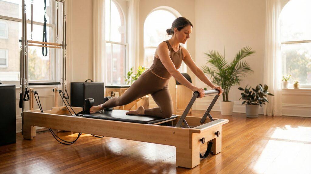 Mujer haciendo ejercicio de pilates reformer en estudio boutique en Madrid