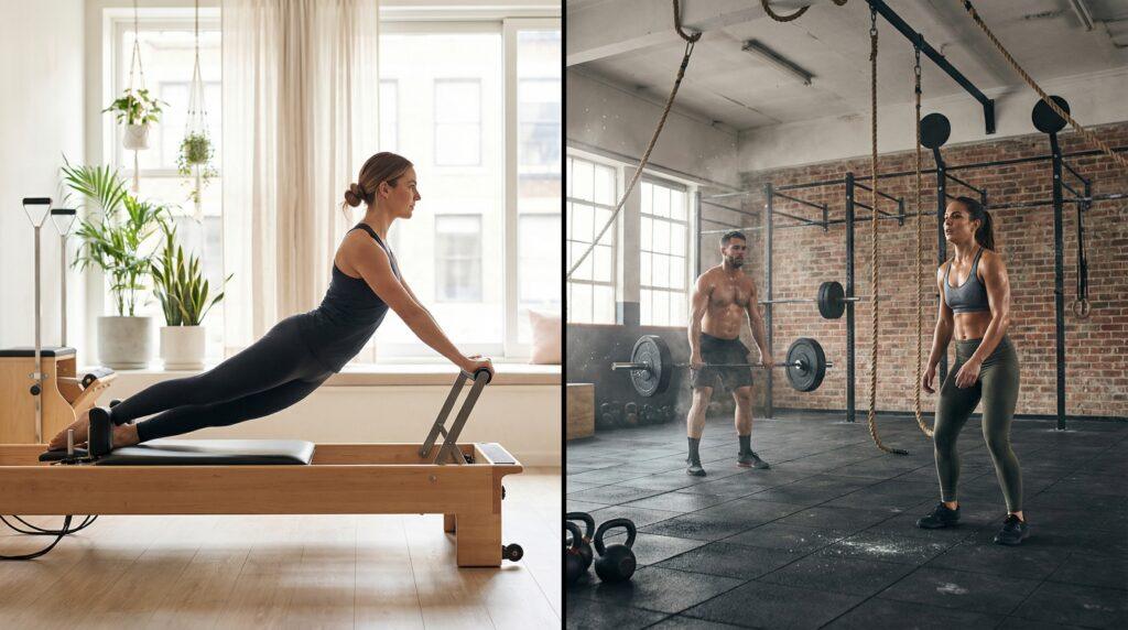 Comparativa visual entre pilates reformer en estudio boutique y entrenamiento CrossFit en box