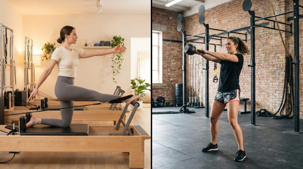 Comparativa visual entre pilates reformer y entrenamiento funcional con kettlebell