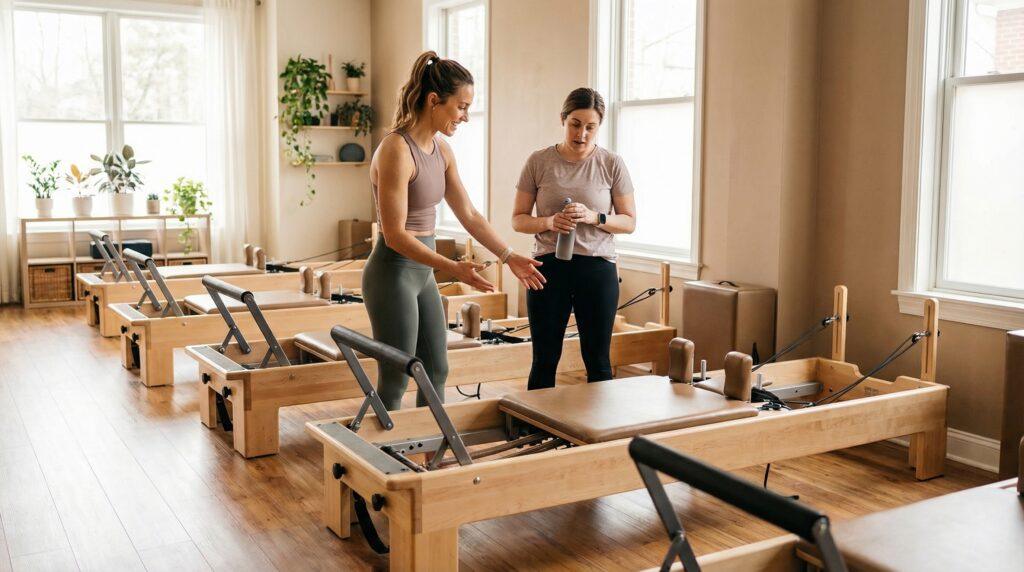 Pilates instructor welcoming a beginner and explaining the reformer machine