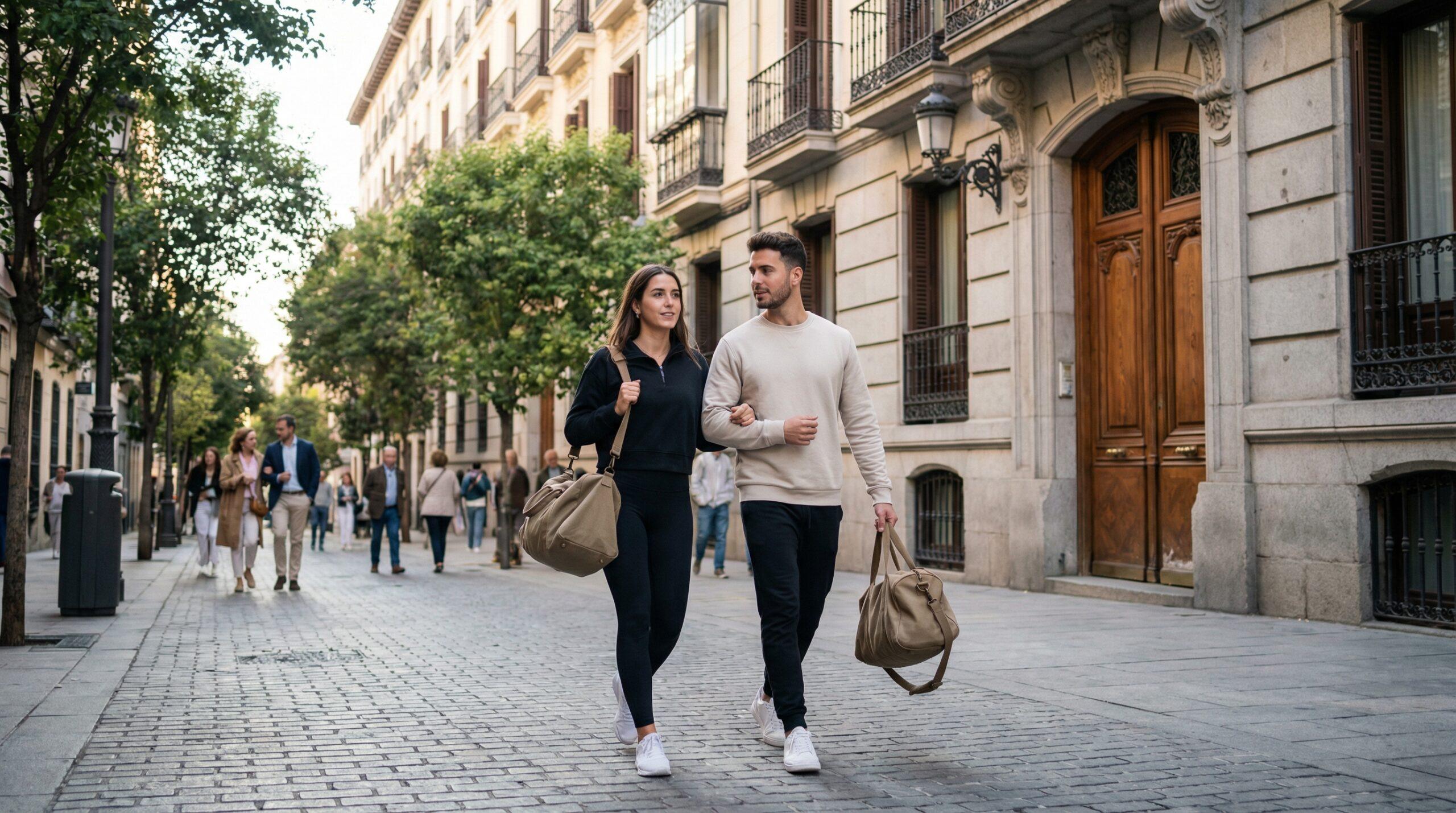 Couple walking through Salamanca neighborhood in Madrid heading to pilates class