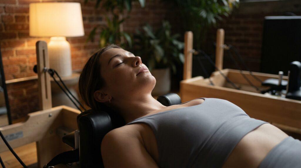 Mujer practicando respiración controlada en pilates reformer con los ojos cerrados